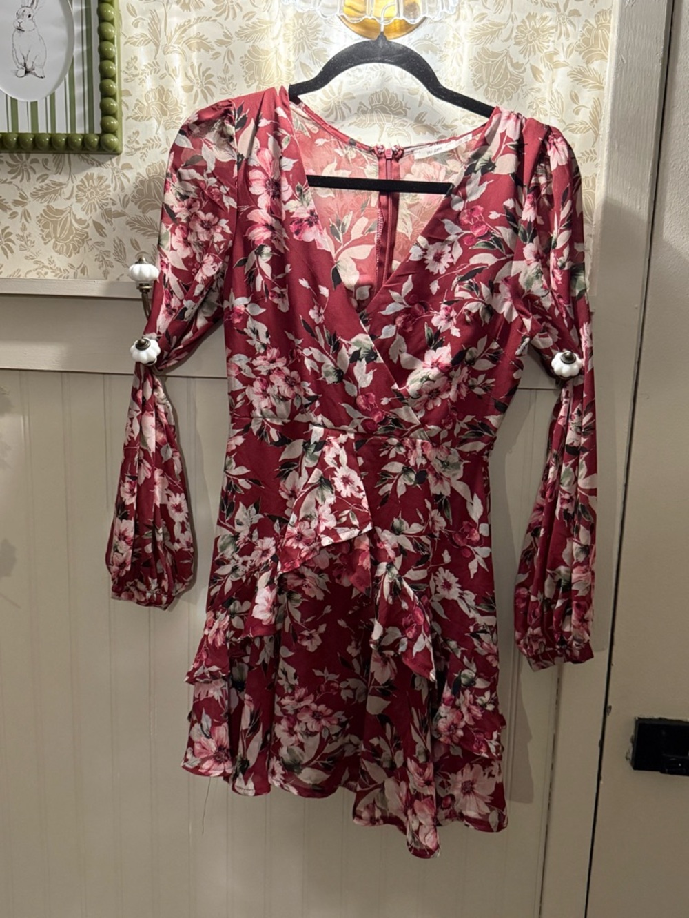 Mi Amore Burgundy Floral Dress with Pink and Green Accents